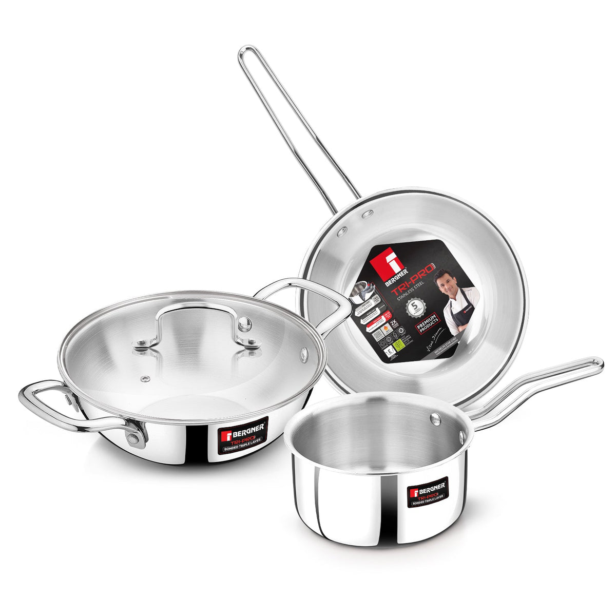 Bergner TriPro Tri-Ply Stainless Steel 4 Pcs Cookware Set