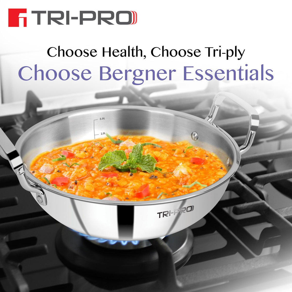Bergner TriPro Tri-Ply Stainless Steel Kadai 24cm (2.5 L)