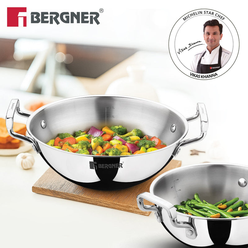 Bergner TriPro Tri-Ply Stainless Steel 2 Pcs Kadai Set - Induction Compatible