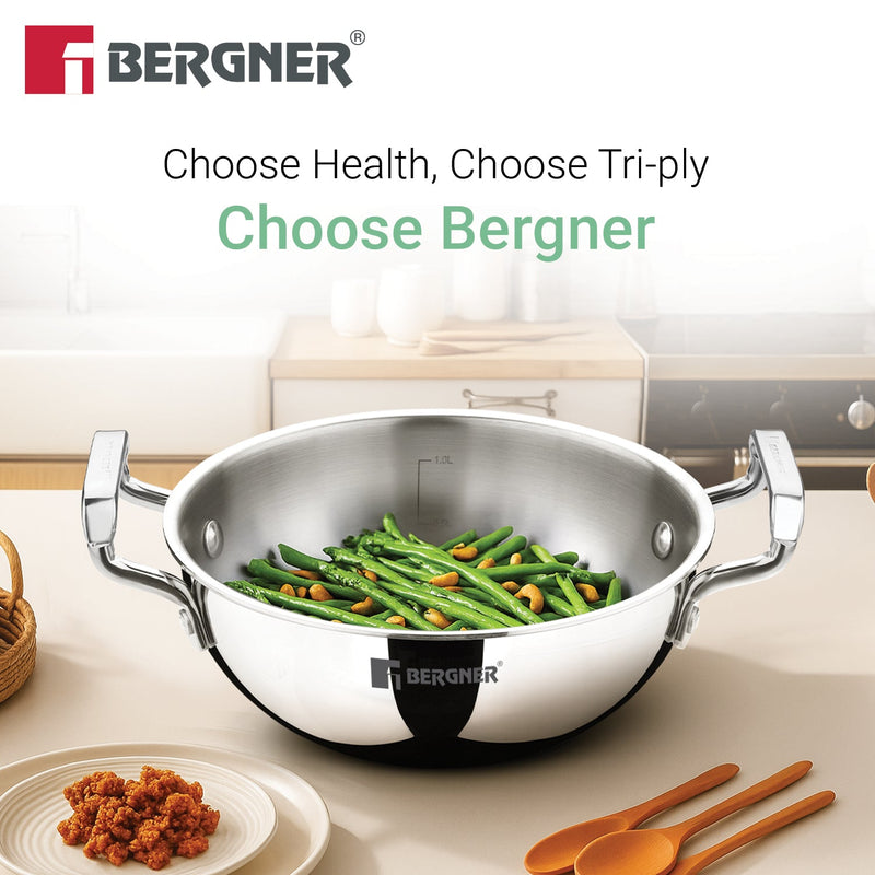 Bergner TriPro Tri-Ply Stainless Steel 2 Pcs Kadai Set - Induction Compatible