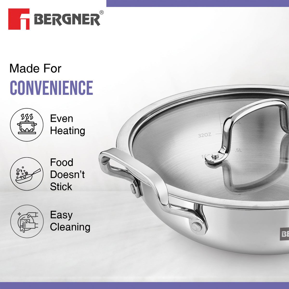 Bergner BE Essentials Tri-Ply Stainless Steel Kadai