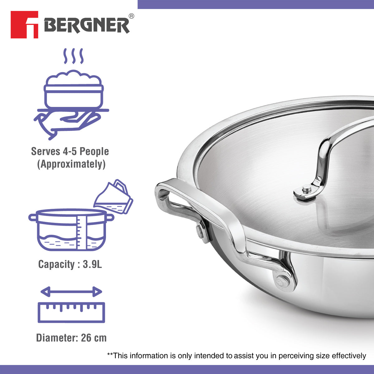 Bergner BE Essentials Tri-Ply Stainless Steel Kadai
