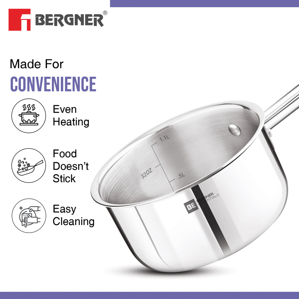 Bergner BE Essentials Tri-Ply Stainless Steel Teapan / Milk Pan