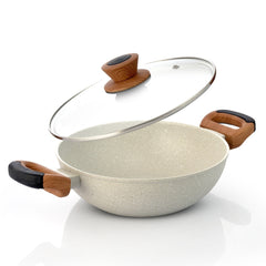 Bergner Ivory Granite Non-Stick 24cm (2.5L) Kadai with Glass Lid, Forged Aluminium