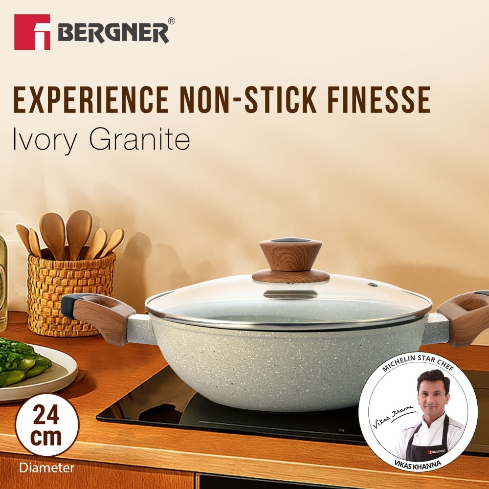 Bergner Ivory Granite Non-Stick 24cm (2.5L) Kadai with Glass Lid, Forged Aluminium