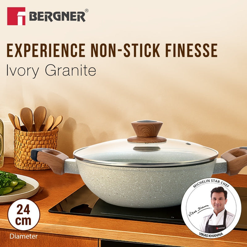 Bergner Ivory Granite Non-Stick 24cm (2.5L) Kadai with Glass Lid, Forged Aluminium