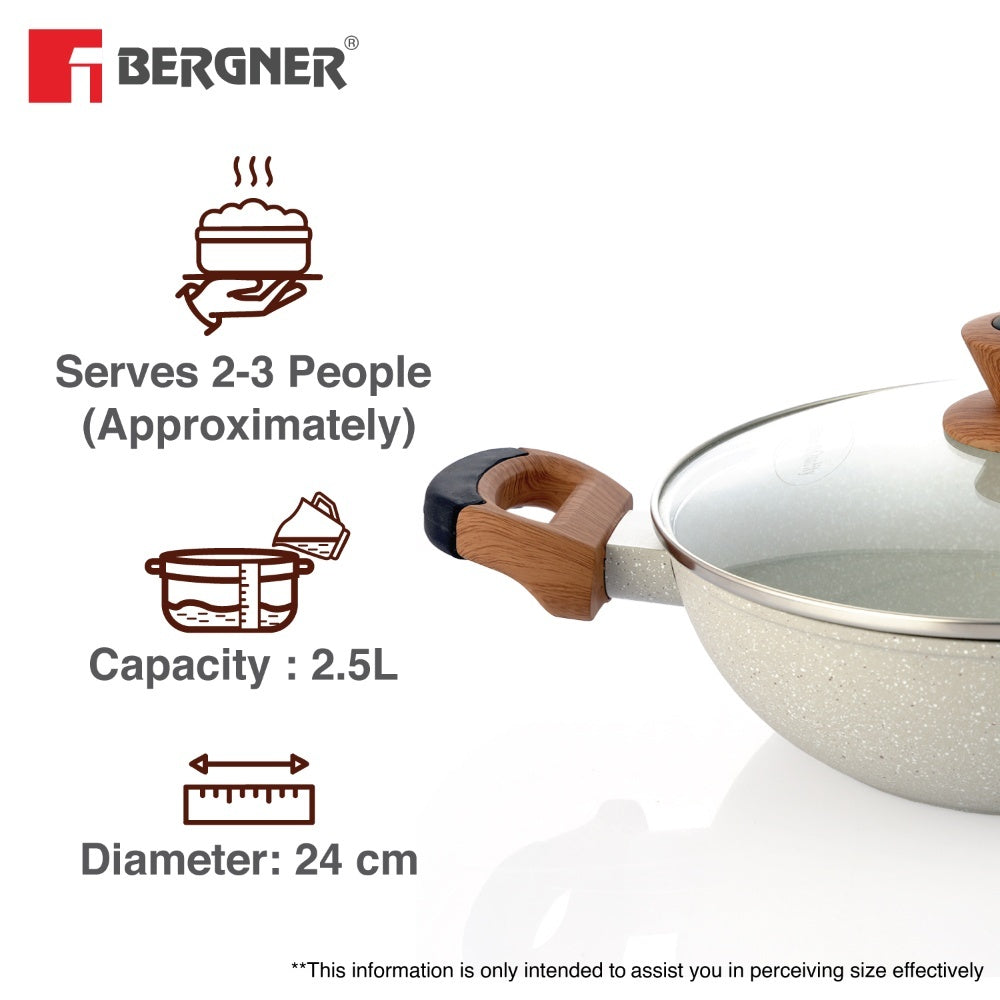 Bergner Ivory Granite Non-Stick 24cm (2.5L) Kadai with Glass Lid, Forged Aluminium