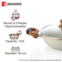 Bergner Ivory Granite Non-Stick 24cm (2.5L) Kadai with Glass Lid, Forged Aluminium