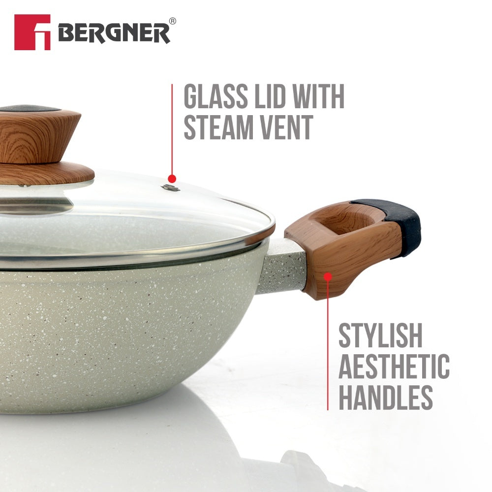 Bergner Ivory Granite Non-Stick 24cm (2.5L) Kadai with Glass Lid, Forged Aluminium