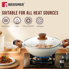 Bergner Ivory Granite Non-Stick 24cm (2.5L) Kadai with Glass Lid, Forged Aluminium