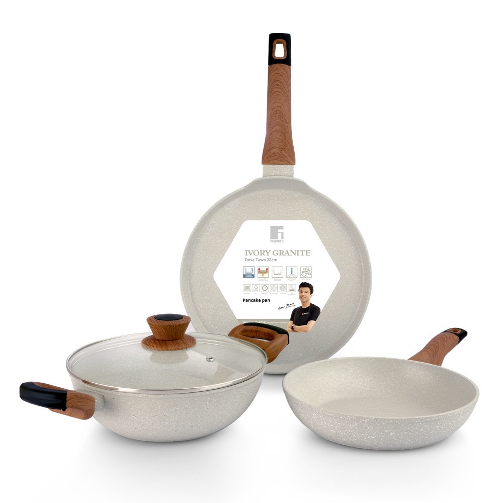 Bergner Ivory Granite Non-Stick 4 Pcs Cookware Set, Forged Aluminium