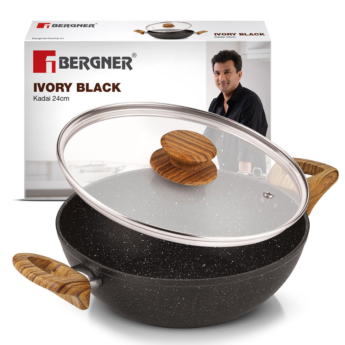 Bergner Ivory Black Granite Non-Stick 24cm (2.5L) Kadai with Glass Lid