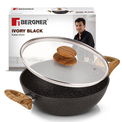 Bergner Ivory Black Granite Non-Stick 24cm (2.5L) Kadai with Glass Lid