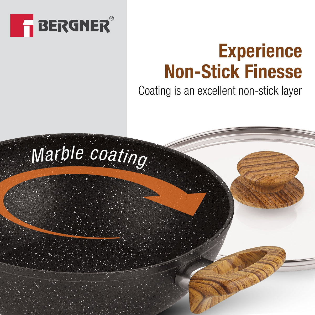 Bergner Ivory Black Granite Non-Stick 24cm (2.5L) Kadai with Glass Lid
