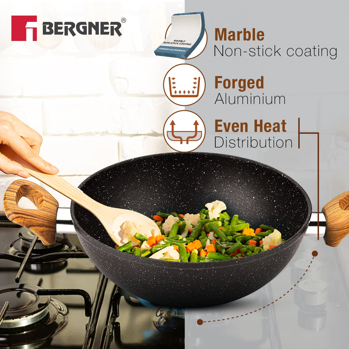 Bergner Ivory Black Granite Non-Stick 24cm (2.5L) Kadai with Glass Lid