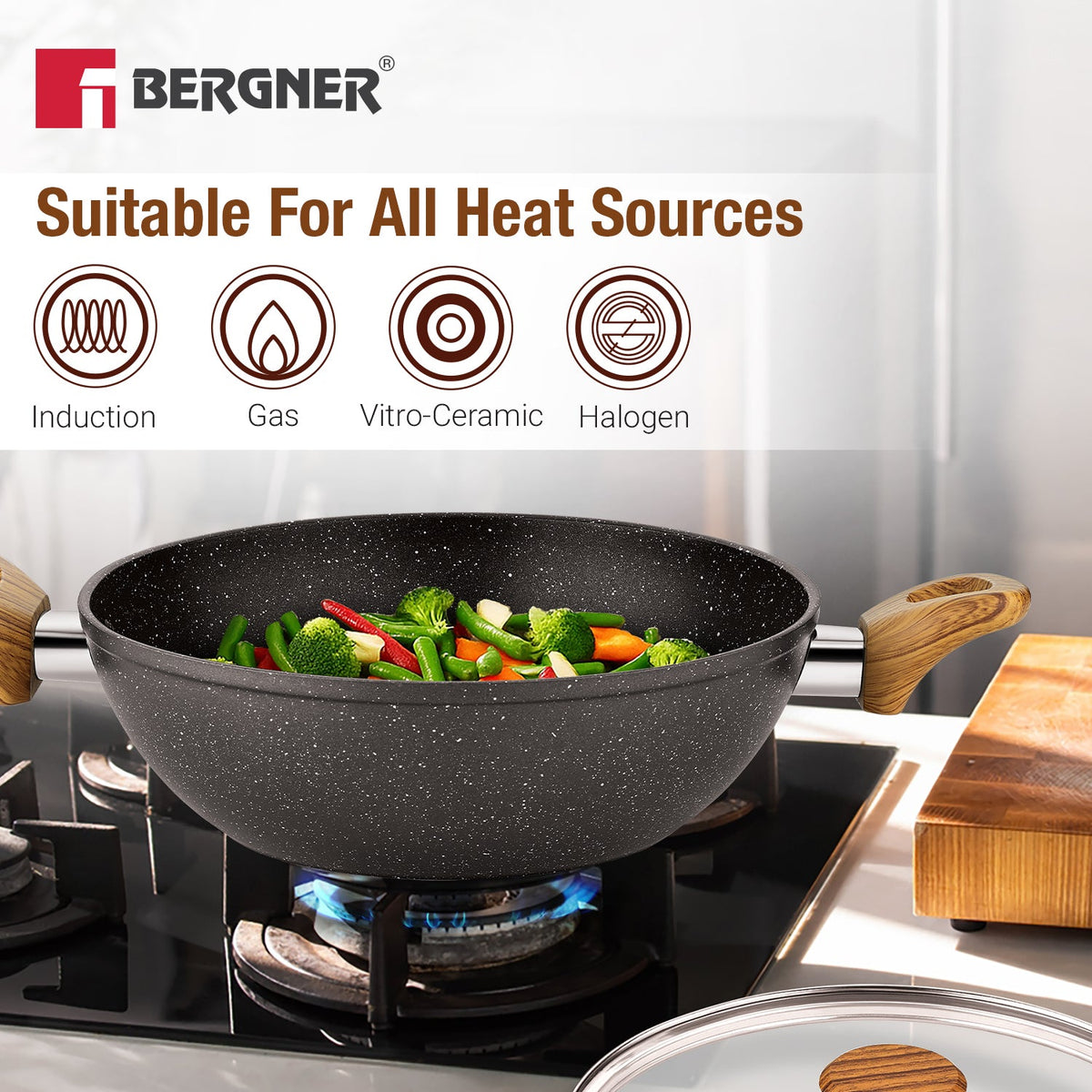 Bergner Ivory Black Granite Non-Stick 24cm (2.5L) Kadai with Glass Lid