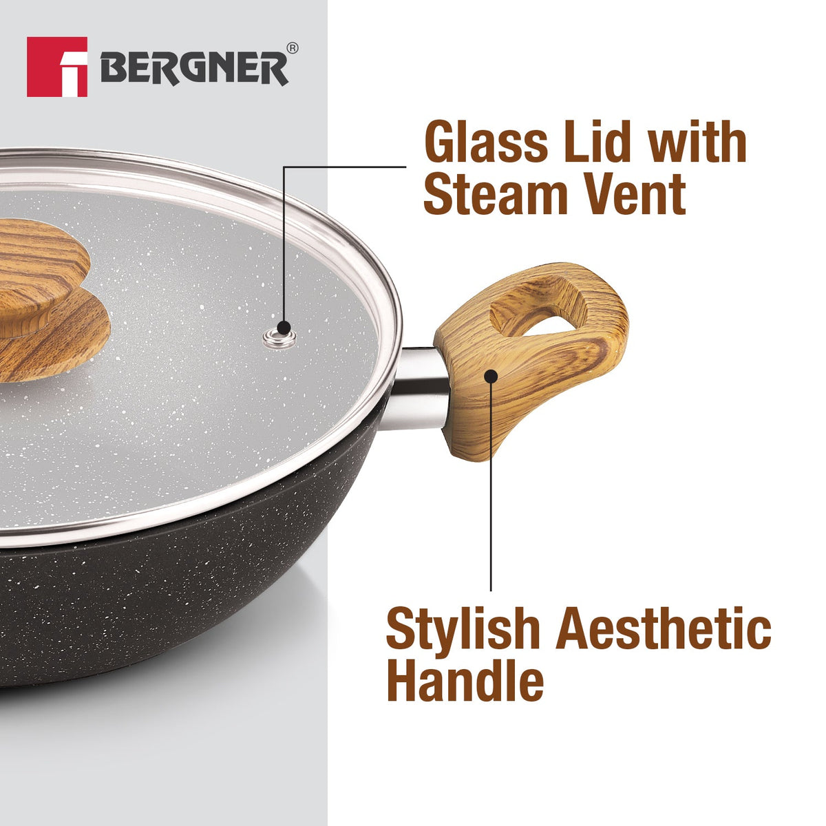 Bergner Ivory Black Granite Non-Stick 24cm (2.5L) Kadai with Glass Lid
