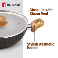 Bergner Ivory Black Granite Non-Stick 24cm (2.5L) Kadai with Glass Lid
