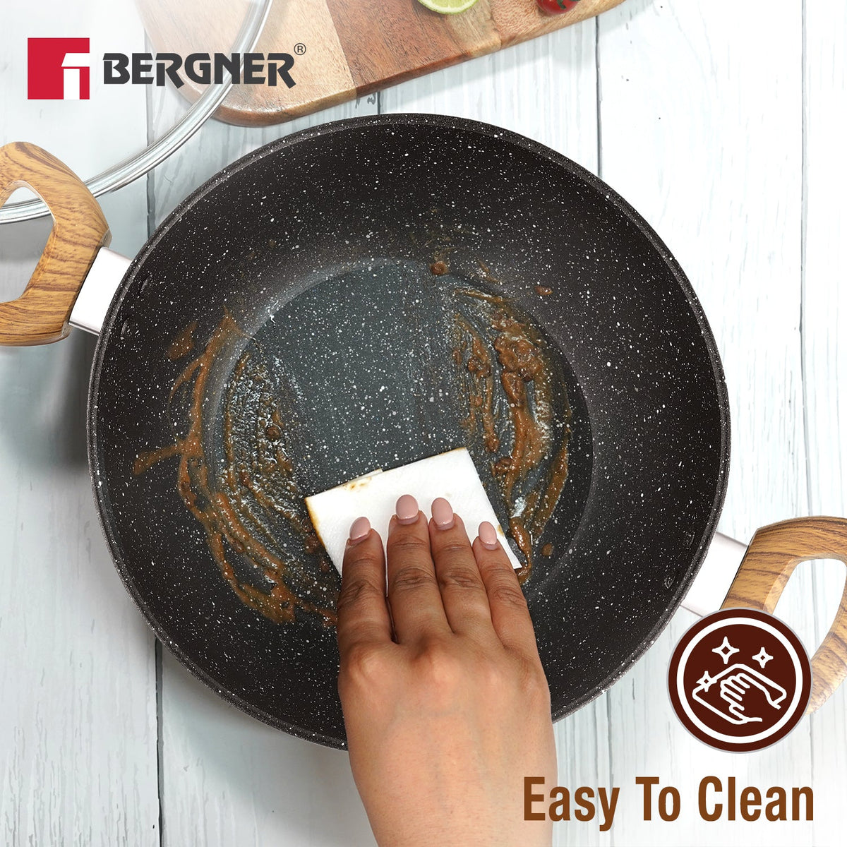 Bergner Ivory Black Granite Non-Stick 24cm (2.5L) Kadai with Glass Lid