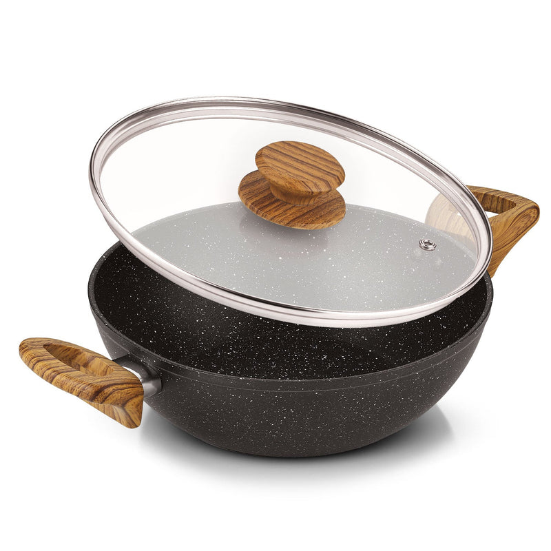 Bergner Ivory Black Granite Non-Stick 24cm (2.5L) Kadai with Glass Lid