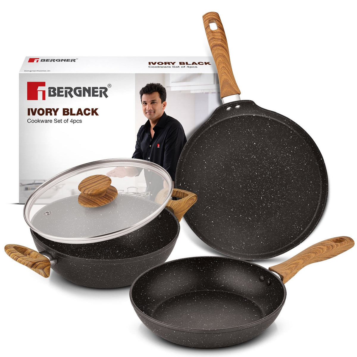 Bergner Ivory Black Granite Non-Stick 4 Pcs Cookware Set