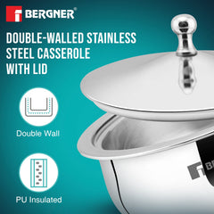 Bergner Vienna Stainless Steel Hot Pot, Double Walled Serving Casserole with PU Insulated Stainless Steel Lid