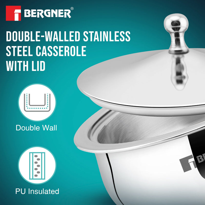 Bergner Vienna Stainless Steel Hot Pot, Double Walled Serving Casserole with PU Insulated Stainless Steel Lid