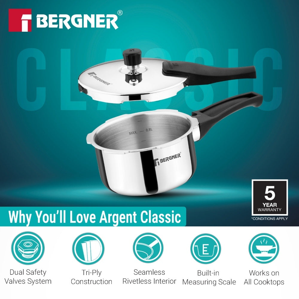 Bergner Argent Classic Triply Outer Lid Pressure Cooker 1.0L - Induction Bottom