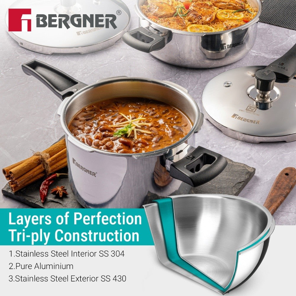 Bergner Argent Classic Triply Outer Lid Pressure Cooker 1.0L - Induction Bottom