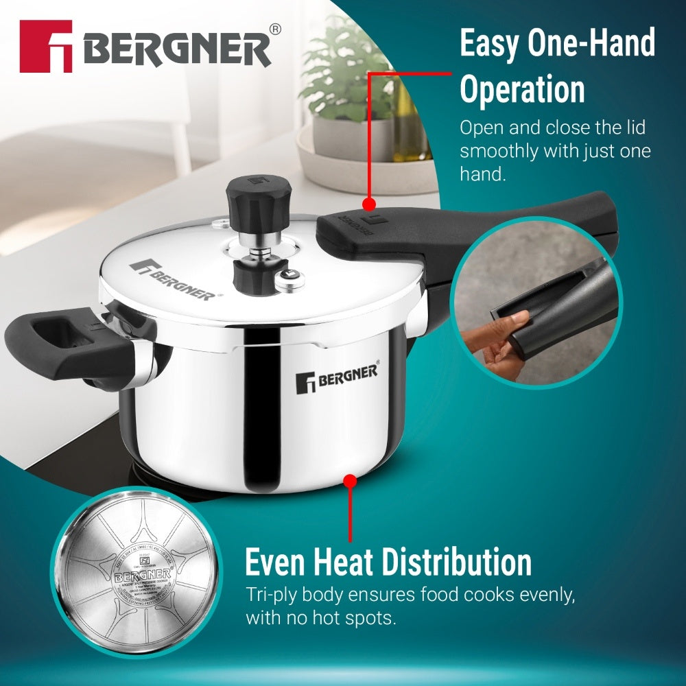 Bergner Argent Classic Triply Outer Lid Pressure Cooker 1.5L - Induction Bottom