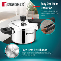 Bergner Argent Classic Triply Outer Lid Pressure Cooker 1.5L - Induction Bottom