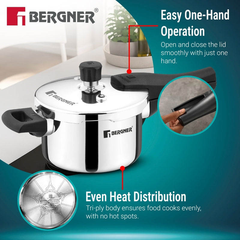 Bergner Argent Classic Triply Outer Lid Pressure Cooker 1.5L - Induction Bottom