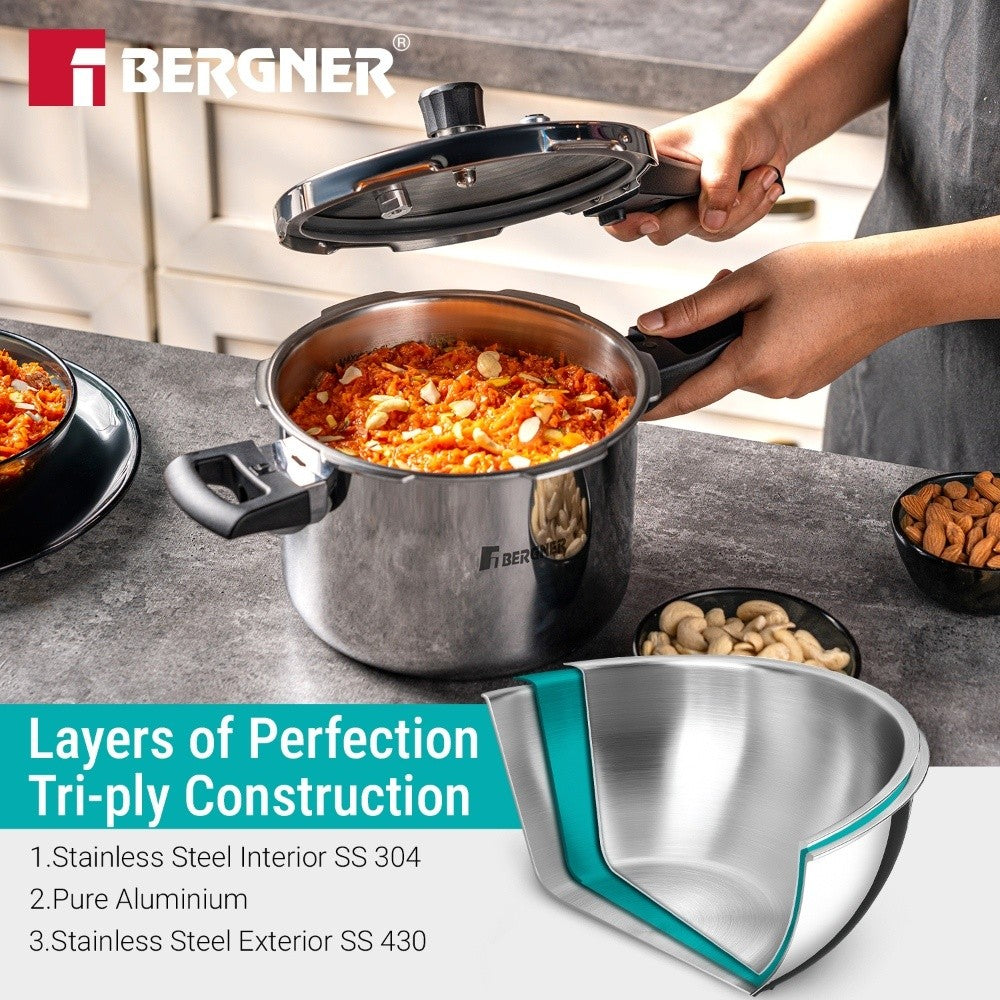 Bergner Argent Classic Triply Outer Lid Pressure Cooker 2.5L - Induction Bottom