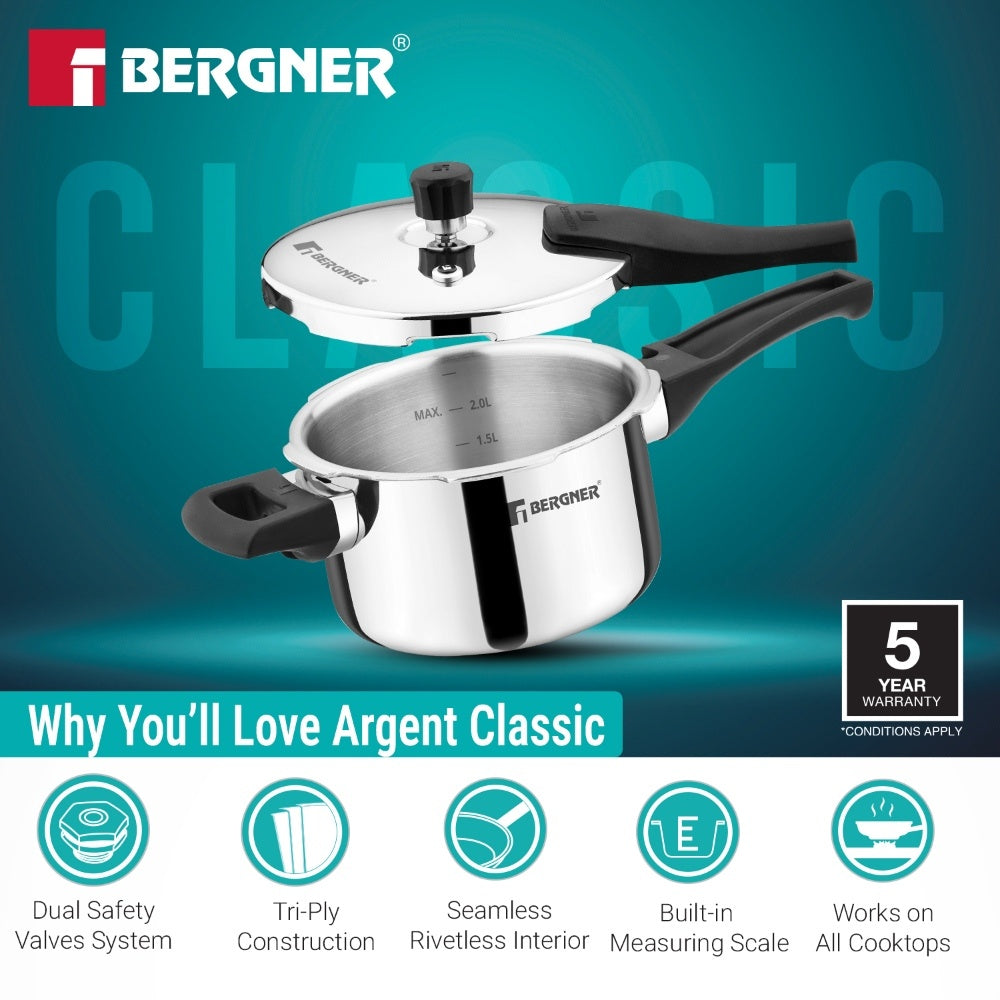 Bergner Argent Classic Triply Outer Lid Pressure Cooker 2.5L - Induction Bottom