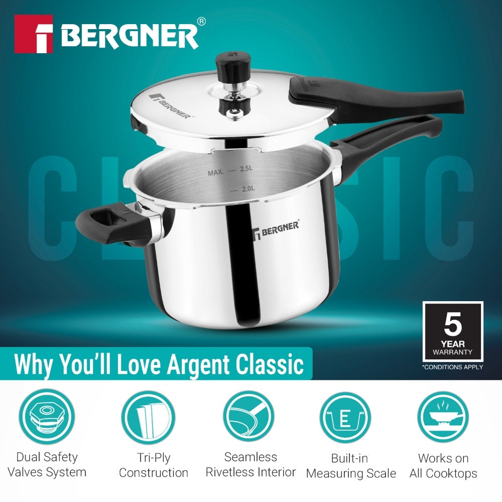 Bergner Argent Classic Triply Outer Lid Pressure Cooker 3.5L - Induction Bottom