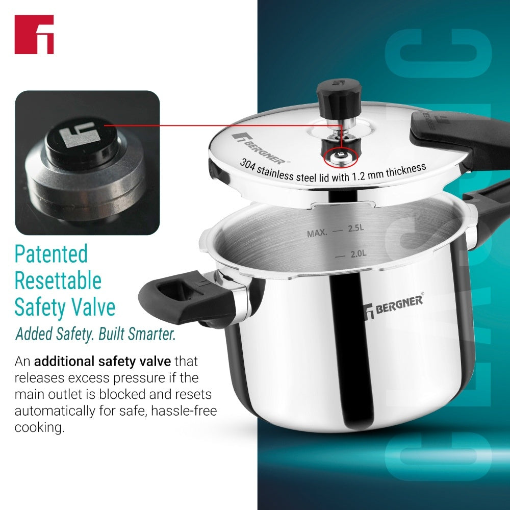 Bergner Argent Classic Triply Outer Lid Pressure Cooker 3.5L - Induction Bottom