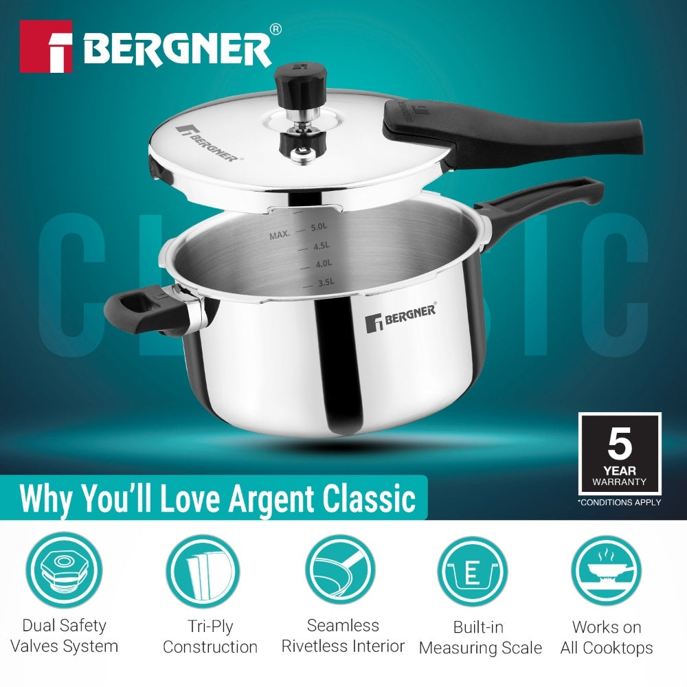 Bergner Argent Classic Triply Outer Lid Pressure Cooker 6.5L - Induction Bottom