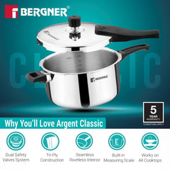 Bergner Argent Classic Triply Outer Lid Pressure Cooker 6.5L - Induction Bottom