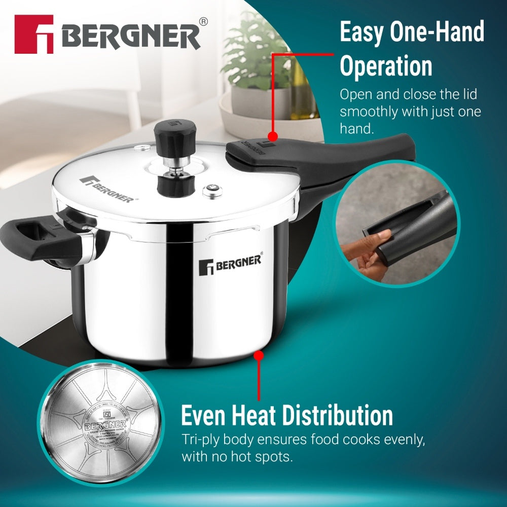Bergner Argent Classic Triply Outer Lid Pressure Cooker 6.5L - Induction Bottom