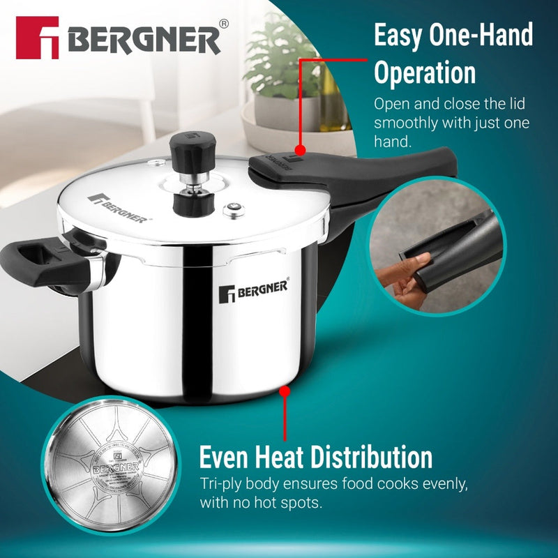 Bergner Argent Classic Triply Outer Lid Pressure Cooker 6.5L - Induction Bottom