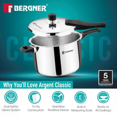 Bergner Argent Classic Triply Outer Lid Pressure Cooker 8.0L - Induction Bottom