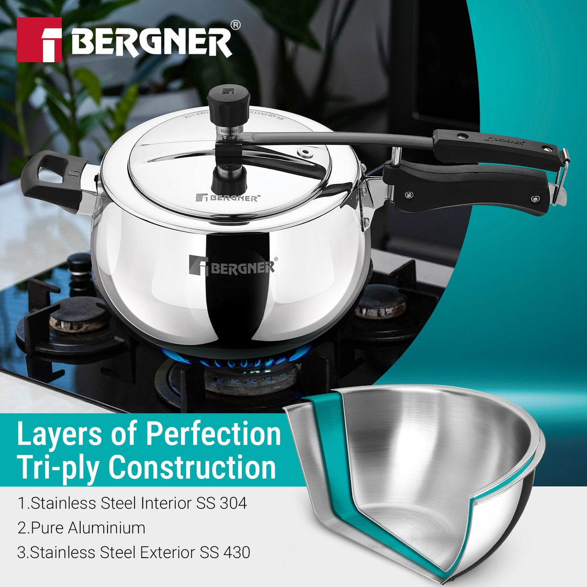 Bergner Shouraya Tri-ply Stainless Steel Inner Lid Belly 5 L Pressure Cooker