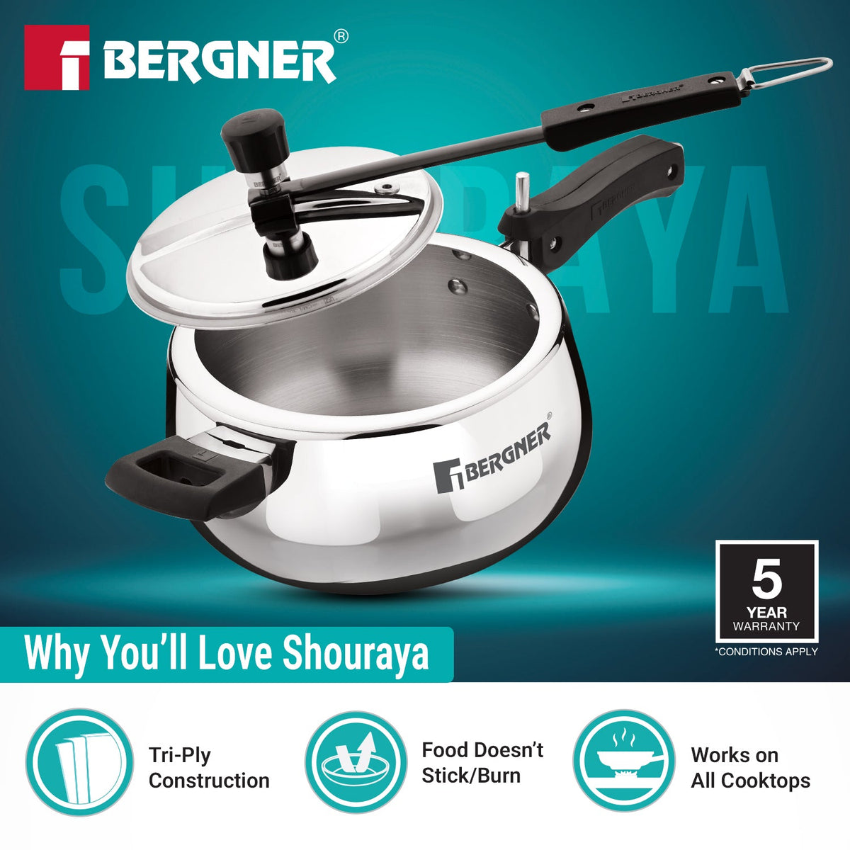 Bergner Shouraya Tri-ply Stainless Steel Inner Lid Belly 5 L Pressure Cooker