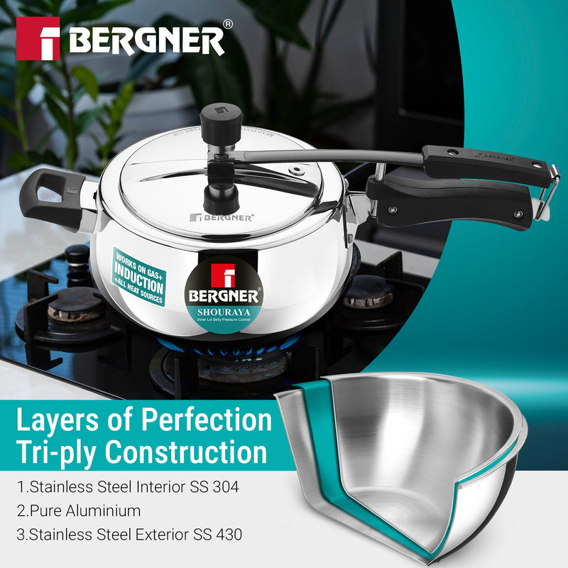 Bergner Shouraya TriPly Stainless Steel Inner Lid Belly Pressure Cooker 3.5 L