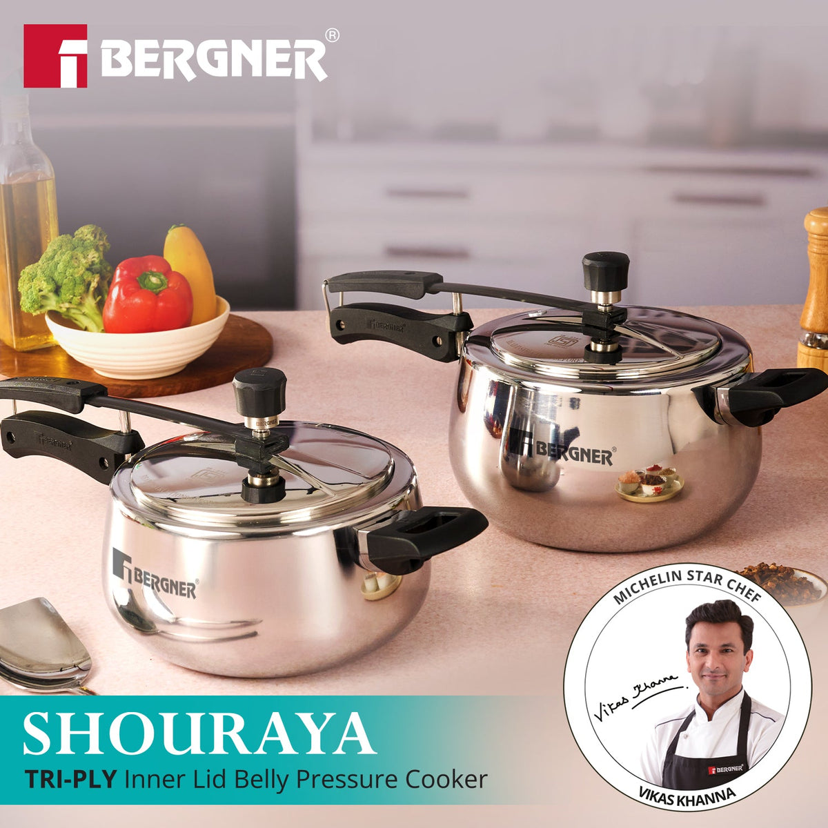 Bergner Shouraya TriPly Stainless Steel Inner Lid Belly Pressure Cooker 1.5 L