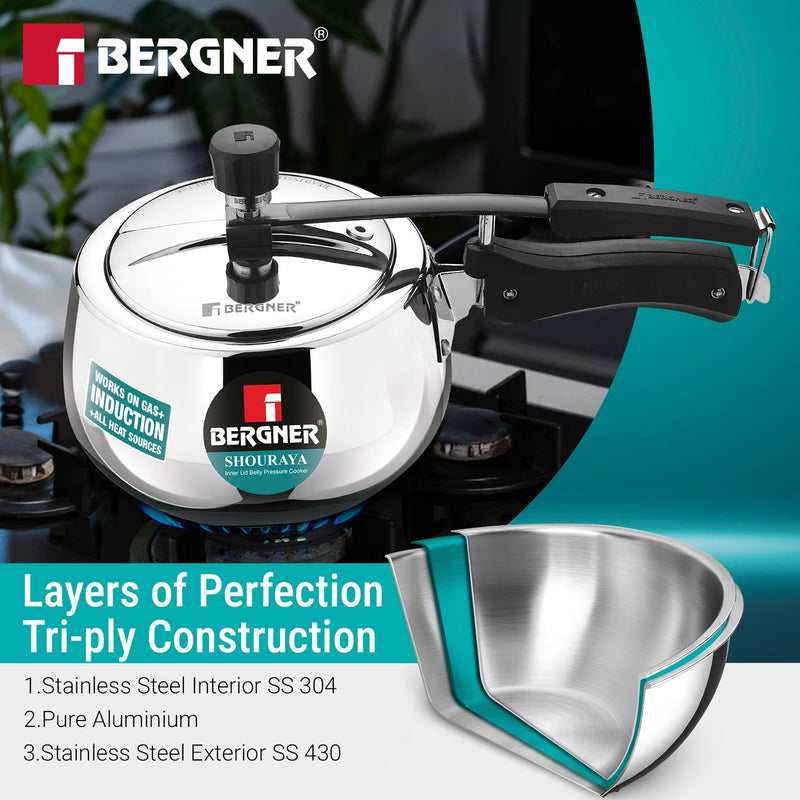 Bergner Shouraya TriPly Stainless Steel Inner Lid Belly Pressure Cooker 1.5 L