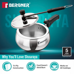 Bergner Shouraya TriPly Stainless Steel Inner Lid Belly Pressure Cooker 1.5 L