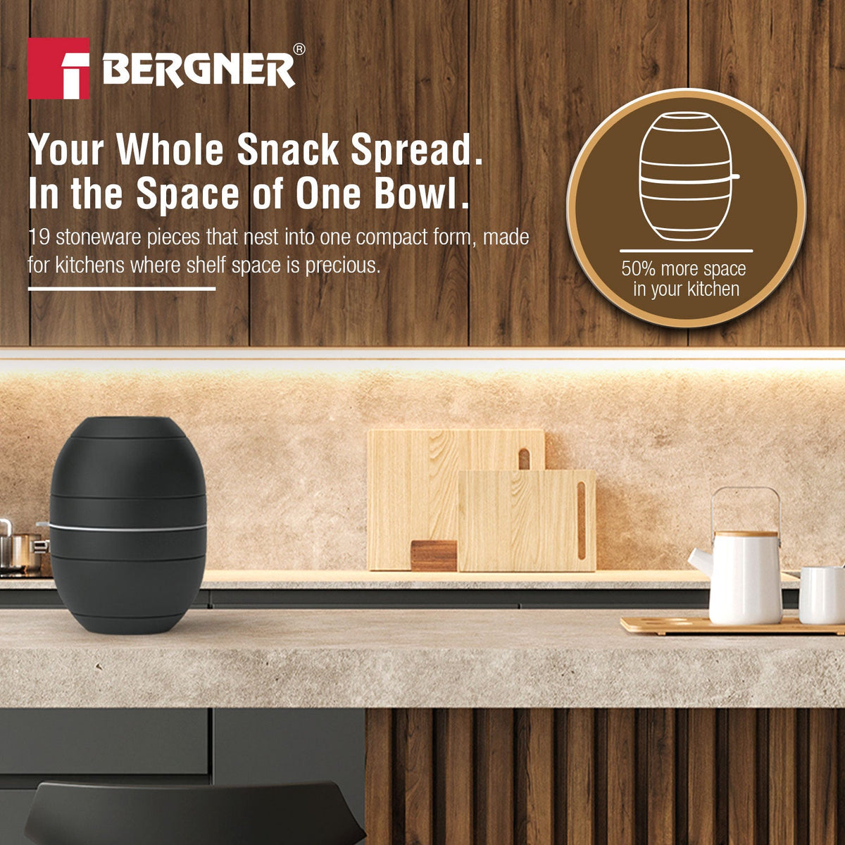 Bergner MasterPRO by Bergner Share Play Stoneware 19 Pcs Snackware Set - Matte Black