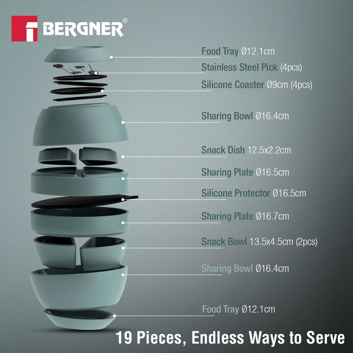 Bergner MasterPRO by Bergner Share Play Stoneware 19 Pcs Snackware Set - Dusty Blue