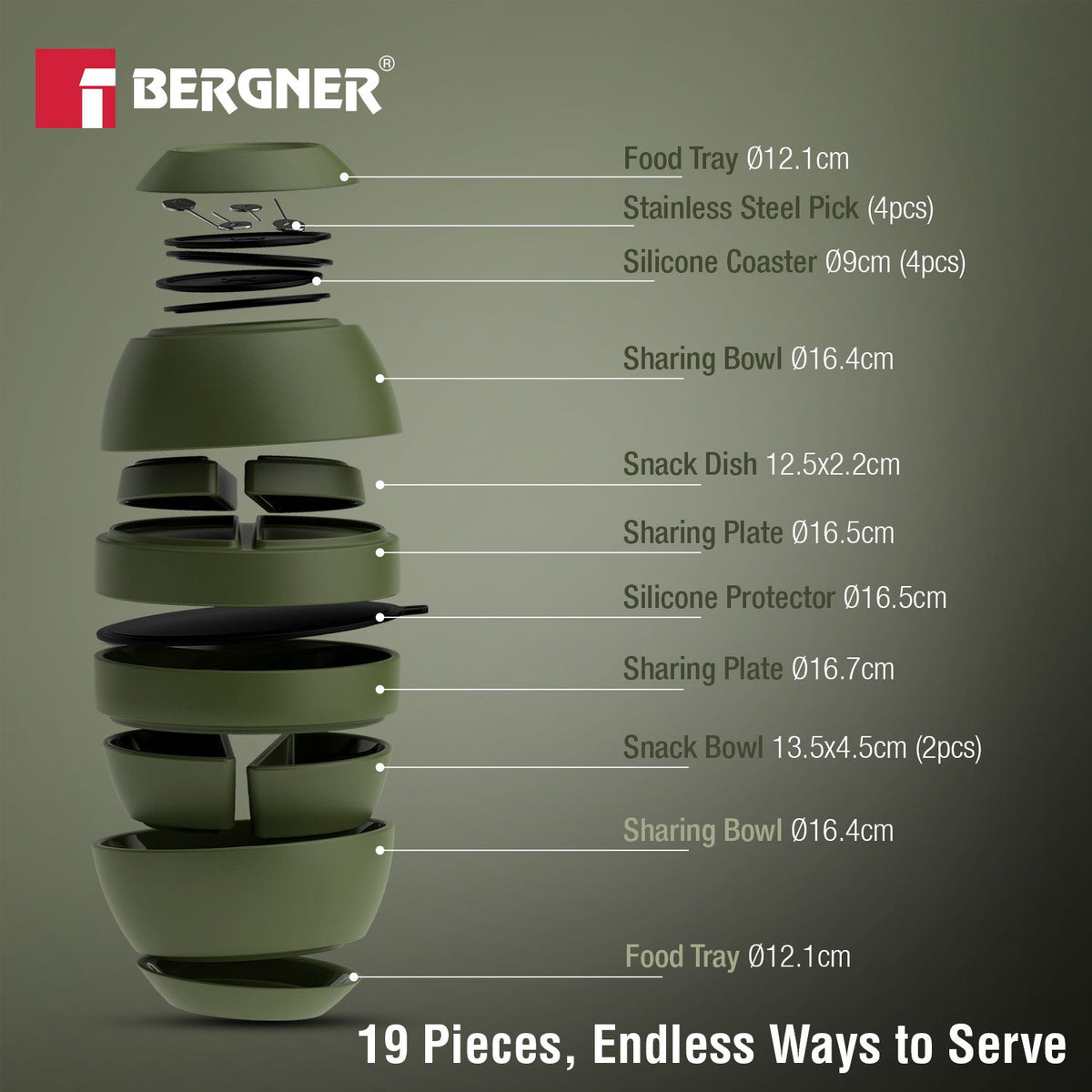 Bergner MasterPRO by Bergner Share Play Stoneware 19 Pcs Snackware Set - Sage Green